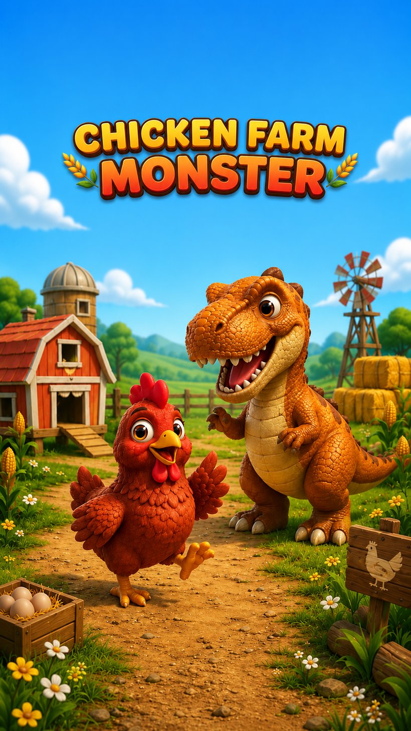 Chicken Farm Monster ana görseli: çiftlikte bir tavuk ve bir dinozor